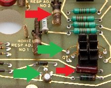 Zoomed-in view of a circuit board. The green arrows point to components with gold plated pins which are valuable (transistors). The red arrows denote bulky, low value components (resistors, coils, capacitors).